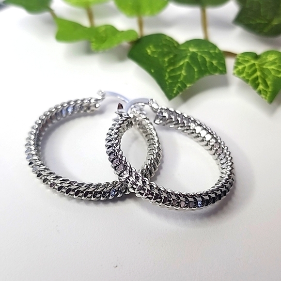 White Gold Textured Hoop Earrings - Picture 1 of 9